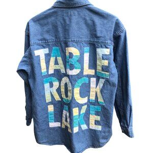 Table Rock Lake Denim Shirt, Upcycled Women’s Appliqued Button-Down Top, Medium